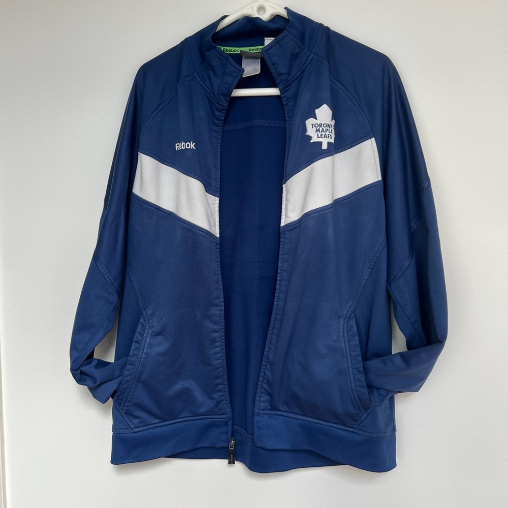 Reebok NHL (sz M) Toronto Maple Leafs Blue Zip Up Jacket White Stripes w/ Flaws